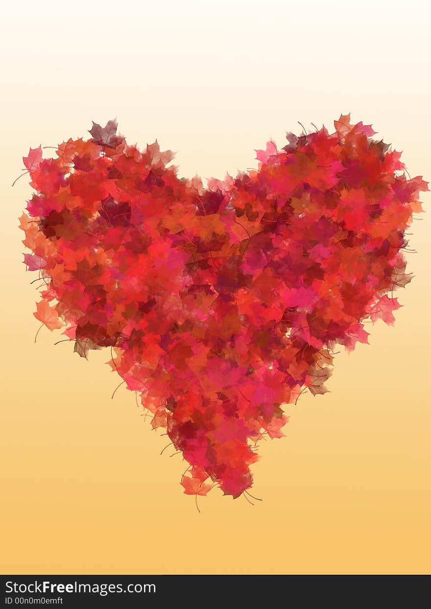 Heart from red foliage on orange gradient background.