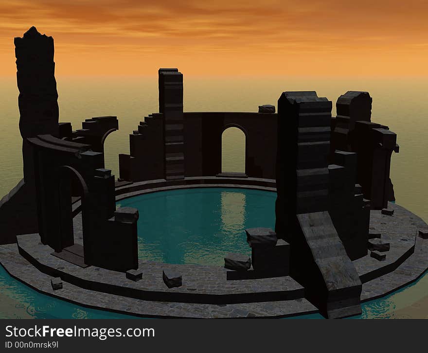 Ancient ruins, surrounded by water.  Shown at sunrise/sunset.  Computer Generated Image. Ancient ruins, surrounded by water.  Shown at sunrise/sunset.  Computer Generated Image.