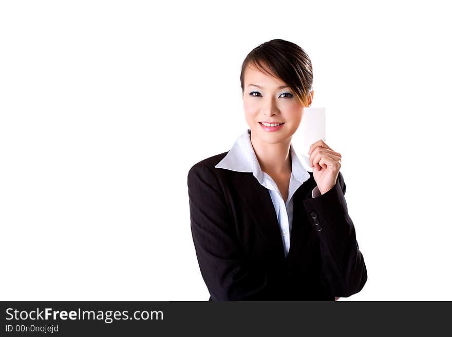 Beautiful business woman with a smile and holding a card. Beautiful business woman with a smile and holding a card