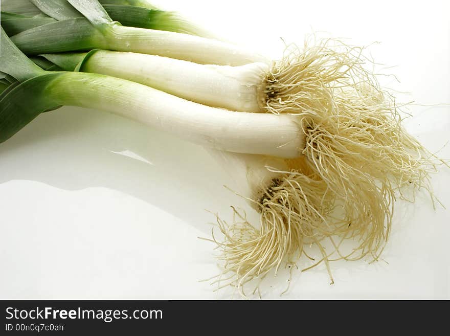 Roots of leeks on bright background