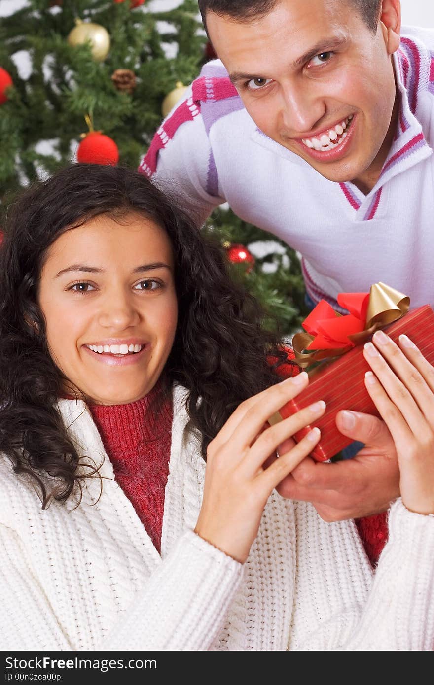 Receiving christmas present in the living room