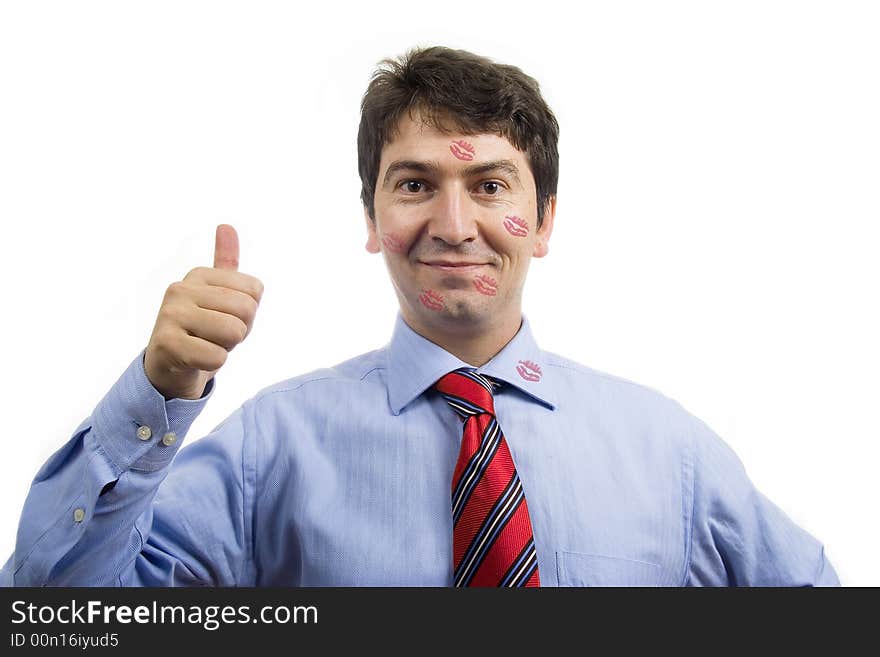 Young happy smiling man with lipstick kiss, isolated on white background