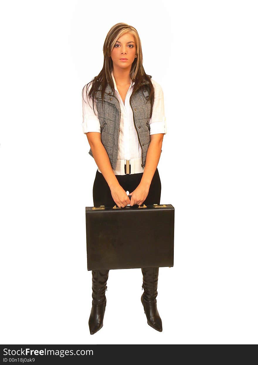 Dynamic beautiful businesswoman with briefcase standing there in black 
tights and boots. Dynamic beautiful businesswoman with briefcase standing there in black 
tights and boots.