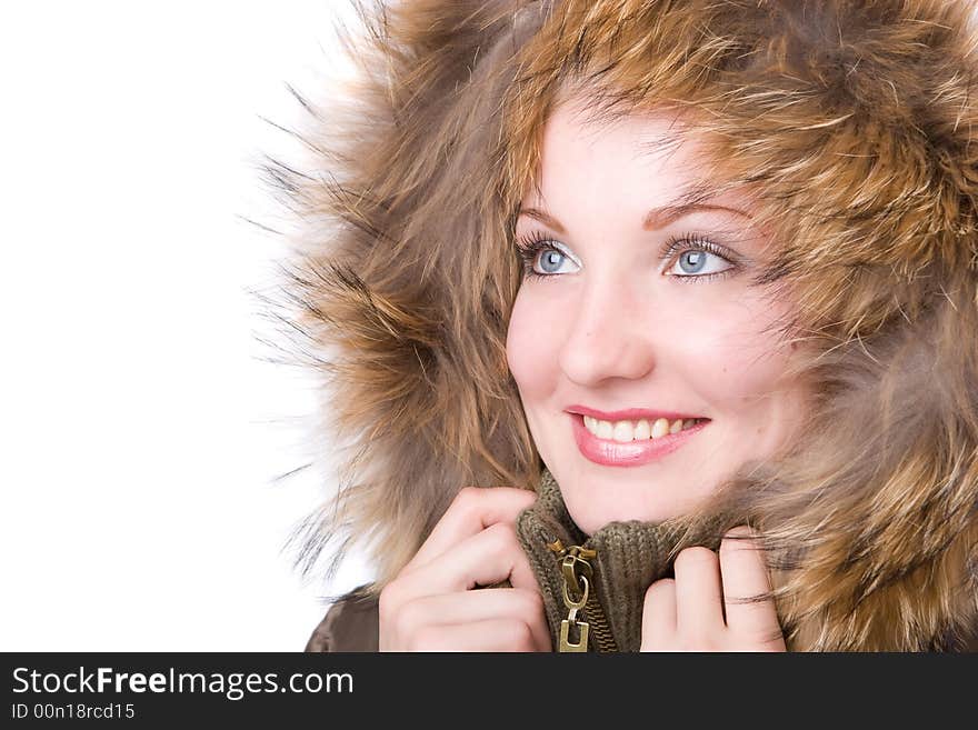 Happy woman in a jacket with a fur collar. Happy woman in a jacket with a fur collar