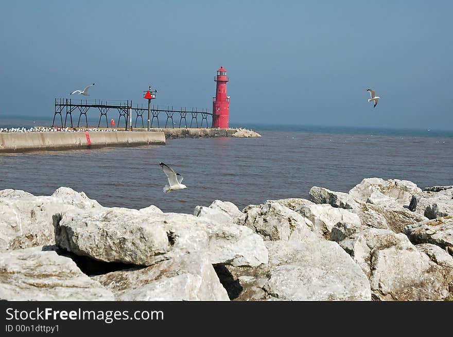 A picture of a lighthouse taken on lake michigan