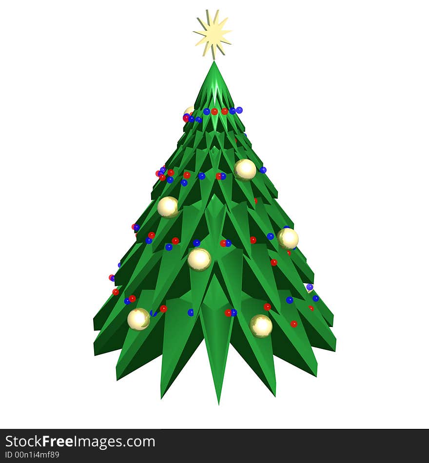 3D christmas tree on a white background with a gold star, garlands and gold balls