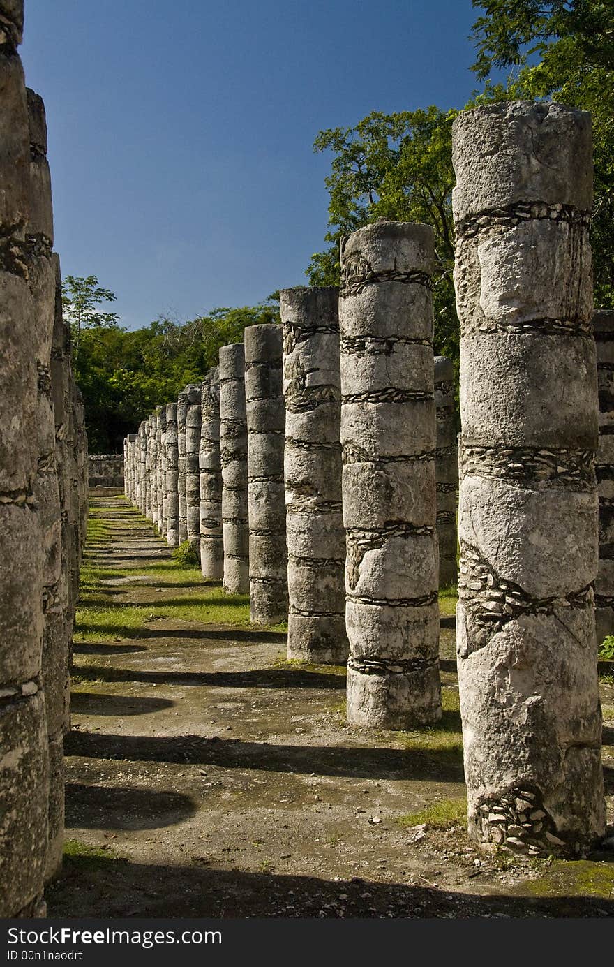 Ancient ruins ans coloumns in Chichen Itza Mexico. Ancient ruins ans coloumns in Chichen Itza Mexico