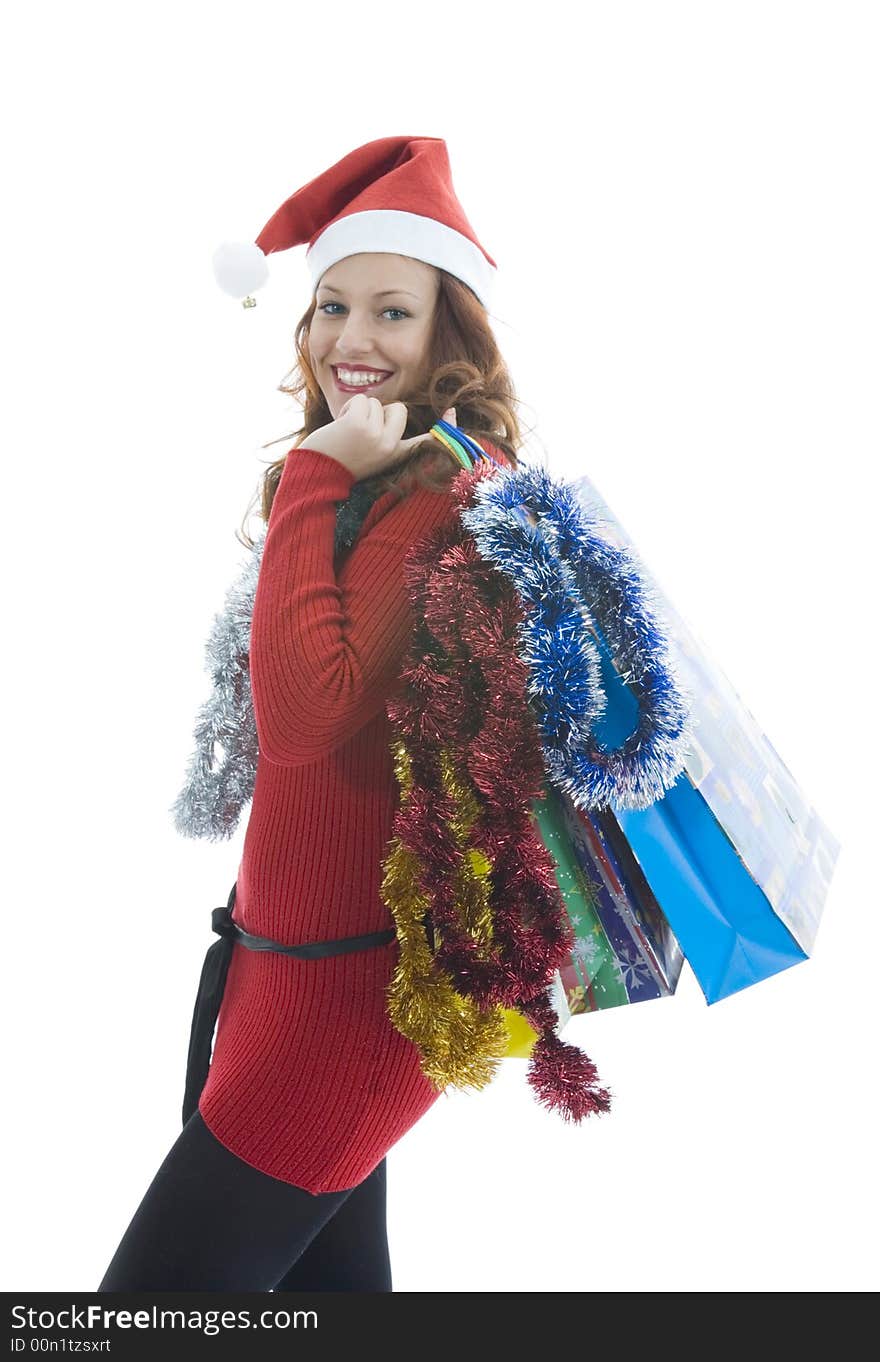 Beautiful woman with gift on white background