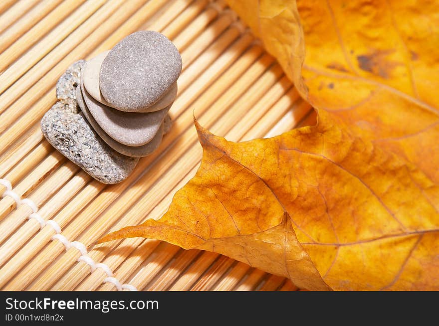 Five flat stones over autumn leaves. Five flat stones over autumn leaves