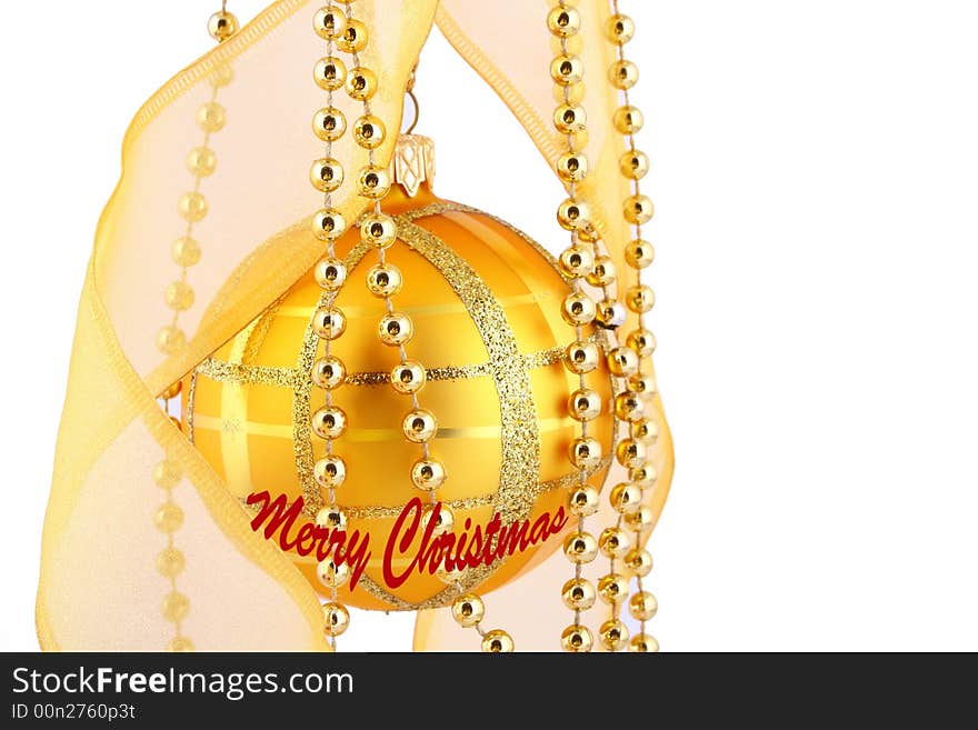 Golden decorative Christmas bauble isolated on white. Golden decorative Christmas bauble isolated on white