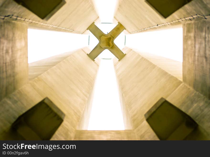 Looking upwards from below the Civilian War Memorial build to remember civilians killed during the Japanese occupation of Singapore