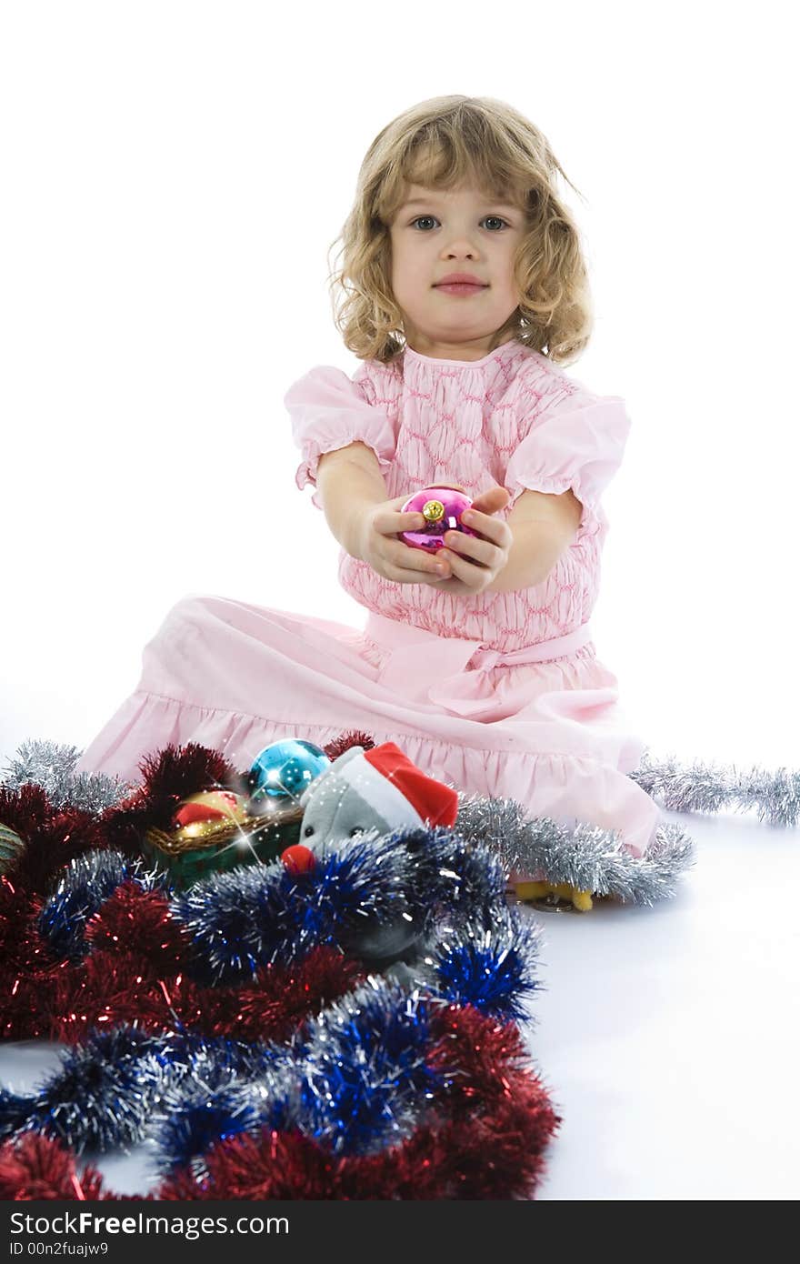 Beautiful little girl with christmas decoration on isolated background