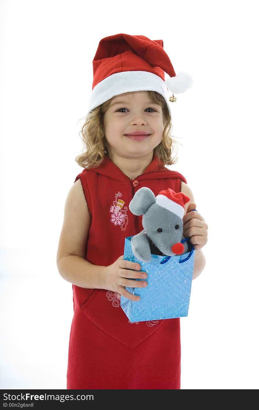 Beautiful little girl with christmas decoration on isolated background