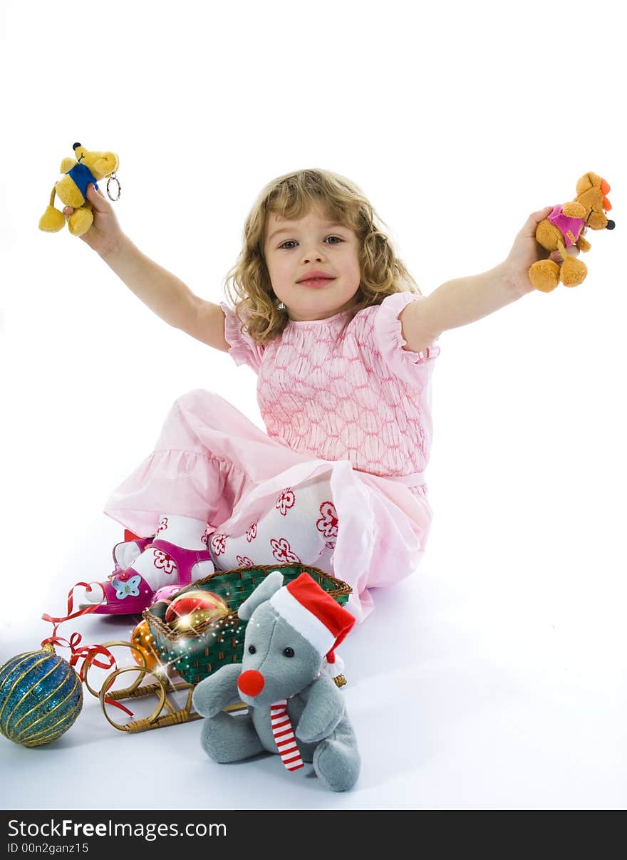 Beautiful little girl with christmas decoration on isolated background