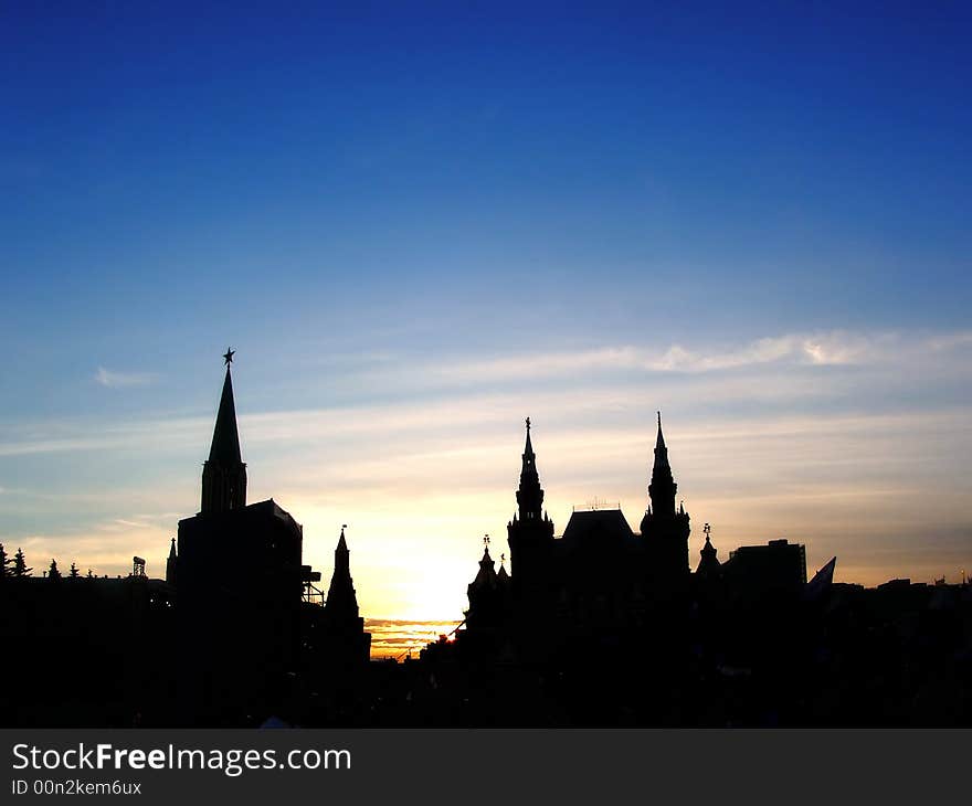 Evening silhouette of towers of the Kremlin on a sunset. Evening silhouette of towers of the Kremlin on a sunset