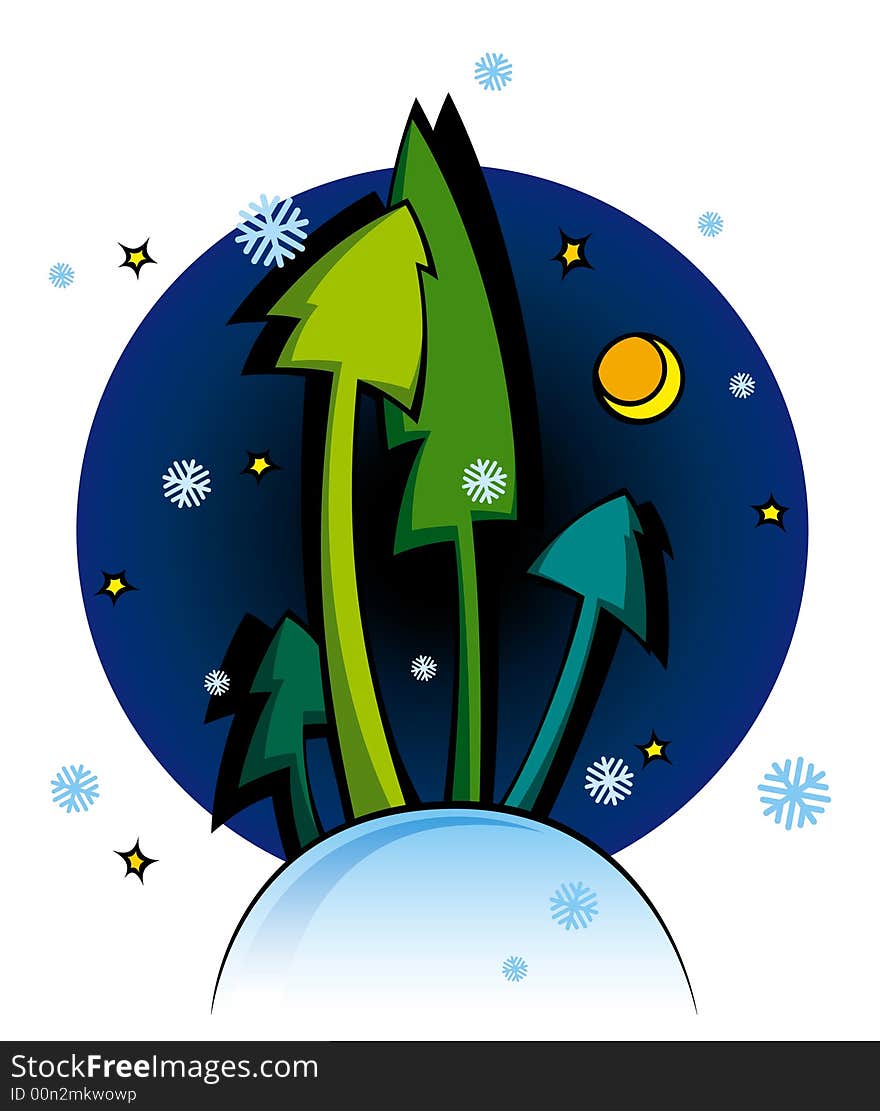 Cartoon vector illustration of a night winter landscape with firs. Cartoon vector illustration of a night winter landscape with firs