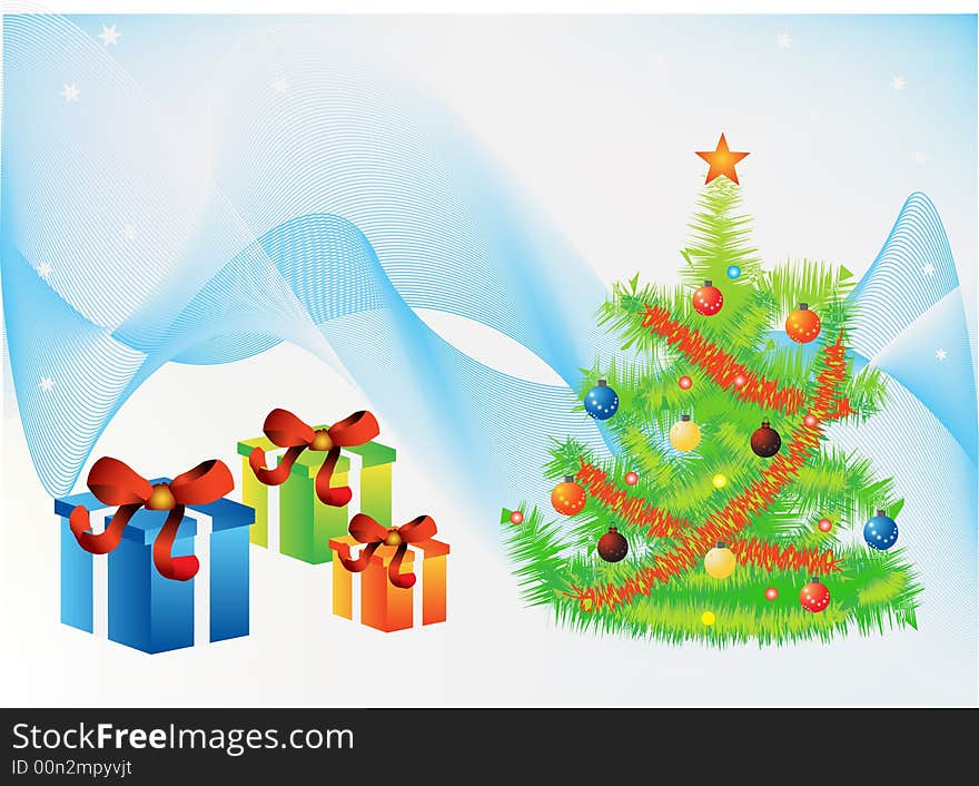 Illustration of Christmas tree and gift