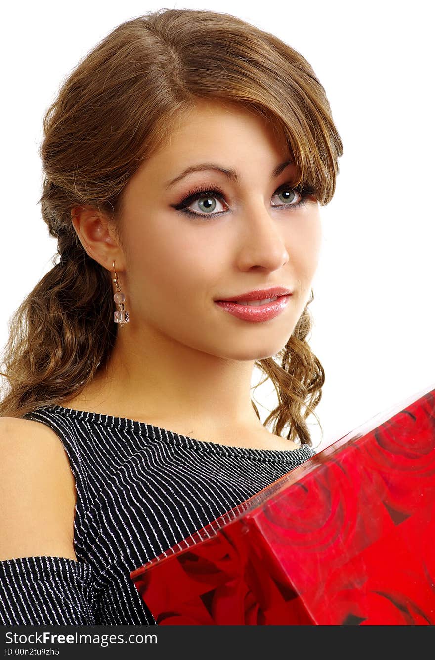 Portrait of Beautiful woman with red boxed gift. Portrait of Beautiful woman with red boxed gift