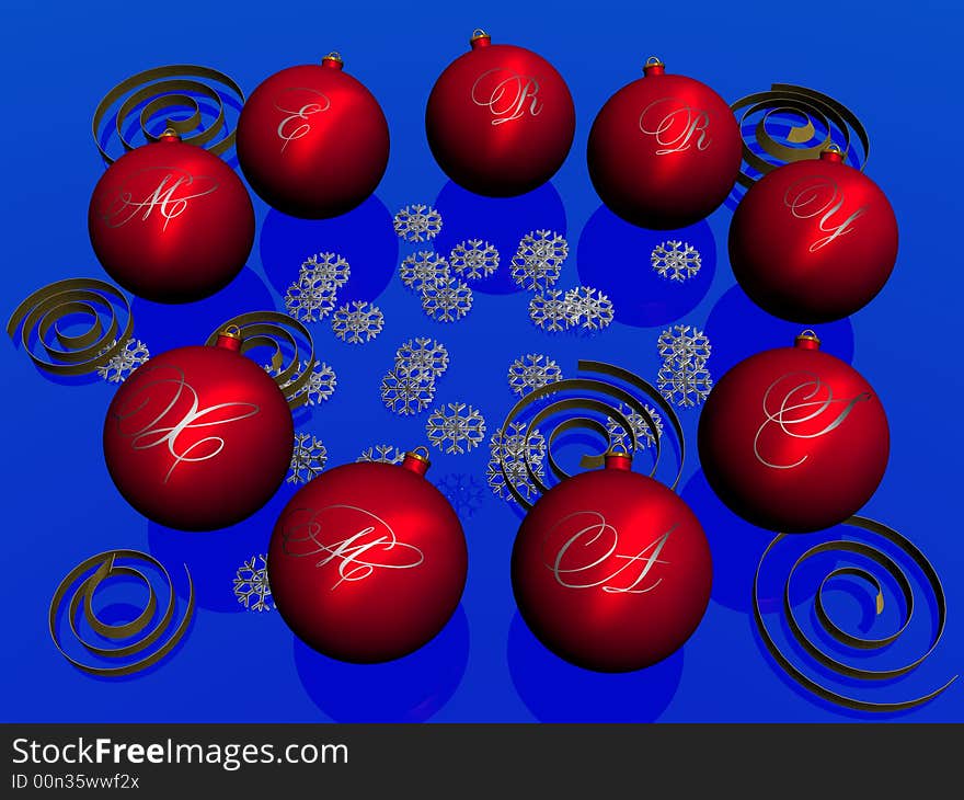 Red balls with inscription Merry Christmas lay on a dark blue background. Snowflakes lay. 3 dimensional model. Red balls with inscription Merry Christmas lay on a dark blue background. Snowflakes lay. 3 dimensional model