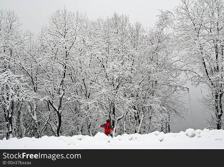 A young child in winter clothes playing in the snow. A young child in winter clothes playing in the snow