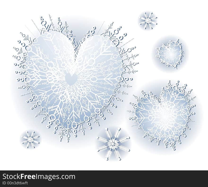 A clip art illustration of heart-shaped snowflakes in white and blue. A clip art illustration of heart-shaped snowflakes in white and blue