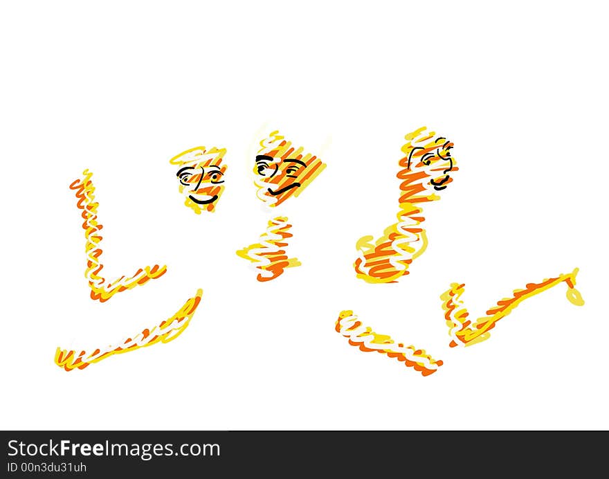 Colored illustration with three expressive faces. Yellow, orange, black. White background. Colored illustration with three expressive faces. Yellow, orange, black. White background.