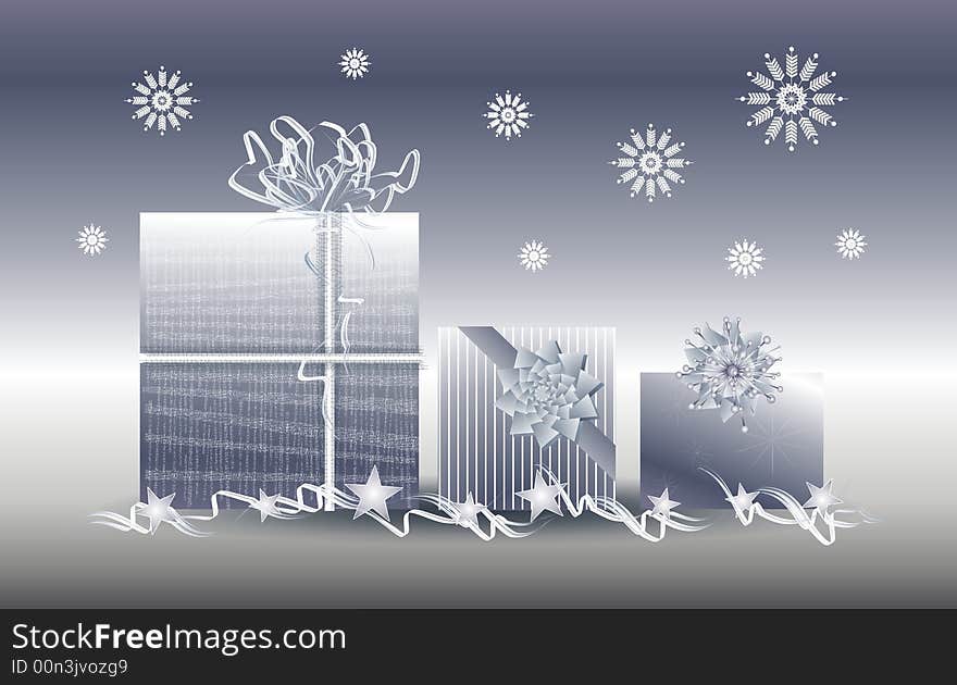 A clip art ilustration of Christmas presents wrapped with pretty paper, bows and ribbons in silver with snowflakes. A clip art ilustration of Christmas presents wrapped with pretty paper, bows and ribbons in silver with snowflakes