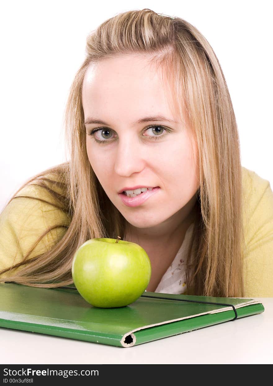 Female student with green folder and apple