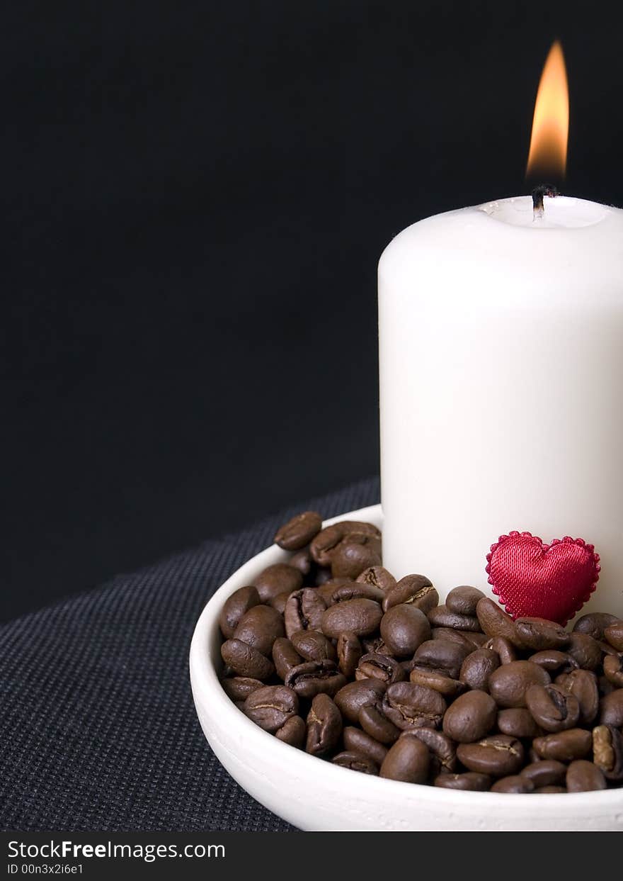 Candle, Coffee Beans And Red Hearts