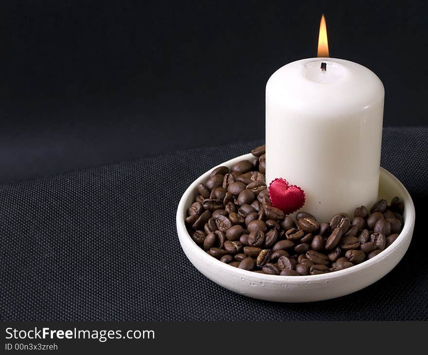 Candle, Coffee Beans And Red Hearts