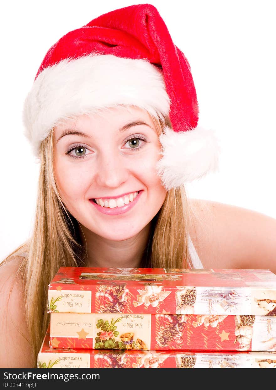 Woman wearing a santa hat.