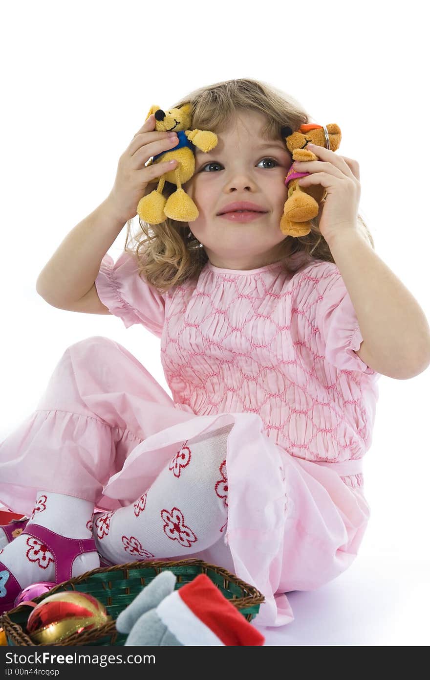 Beautiful little girl with christmas decoration on isolated background