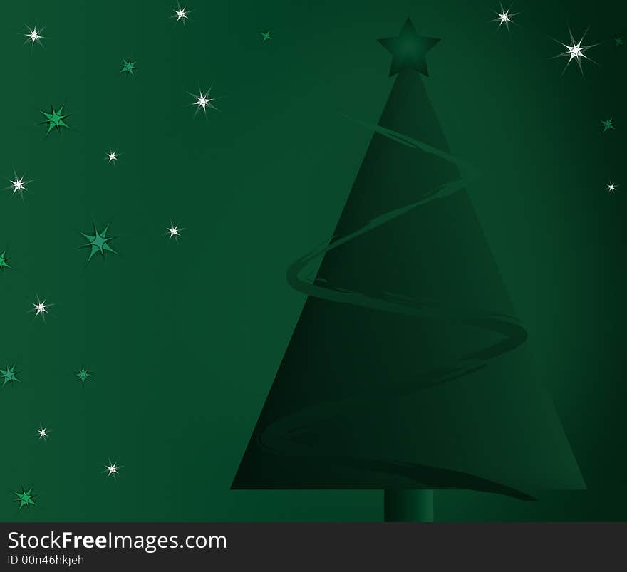 Abstract Christmas tree with garland and a star against a green gradient background with starburst accents.