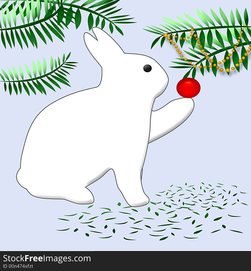 White bunny rabbit decorating Christmas tree with ornaments. White bunny rabbit decorating Christmas tree with ornaments