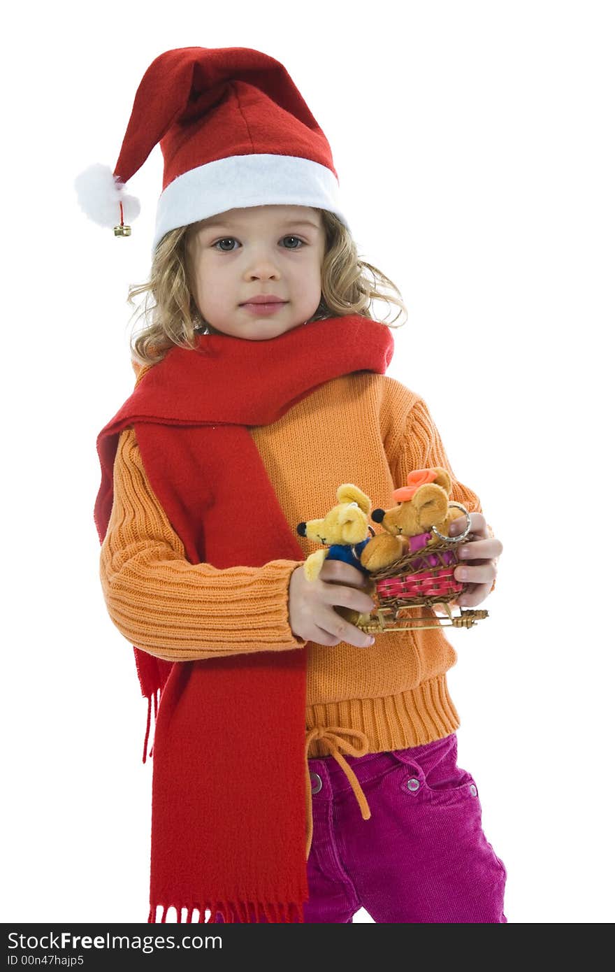 Beautiful little girl with mouse on isolated background