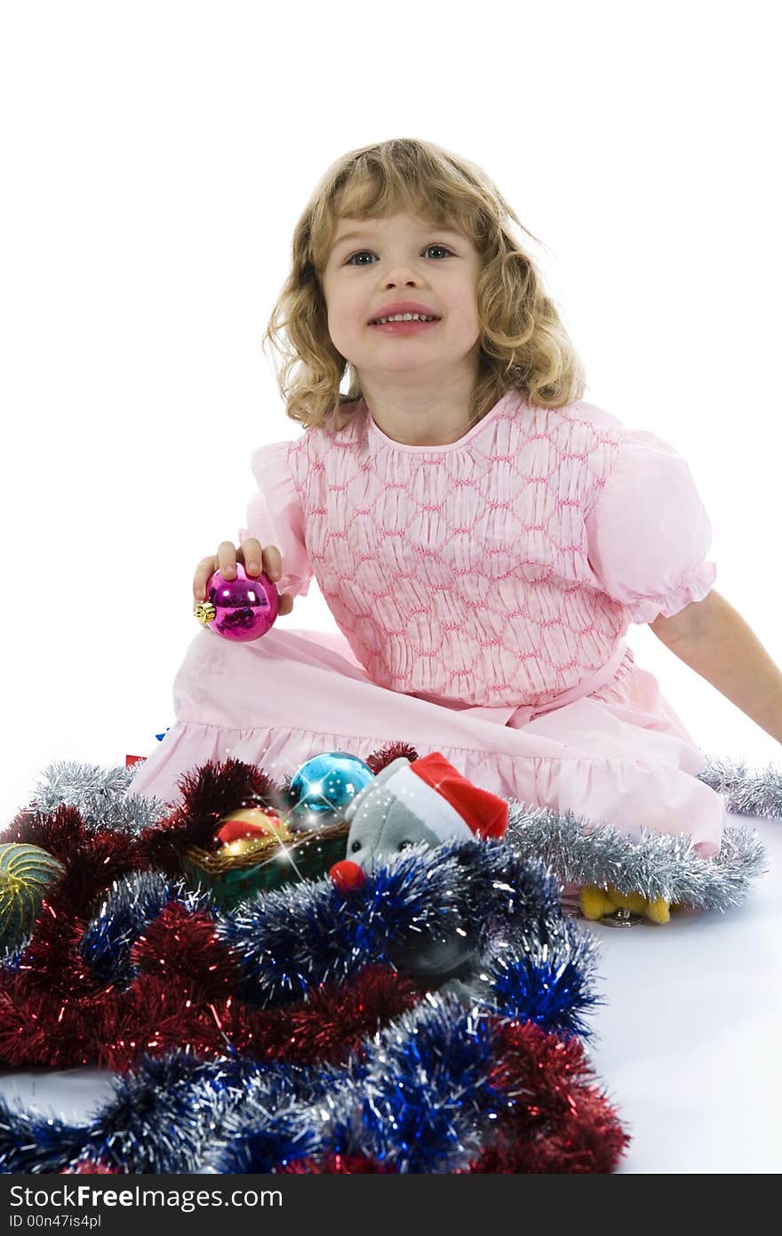 Beautiful little girl with christmas decoration on isolated background