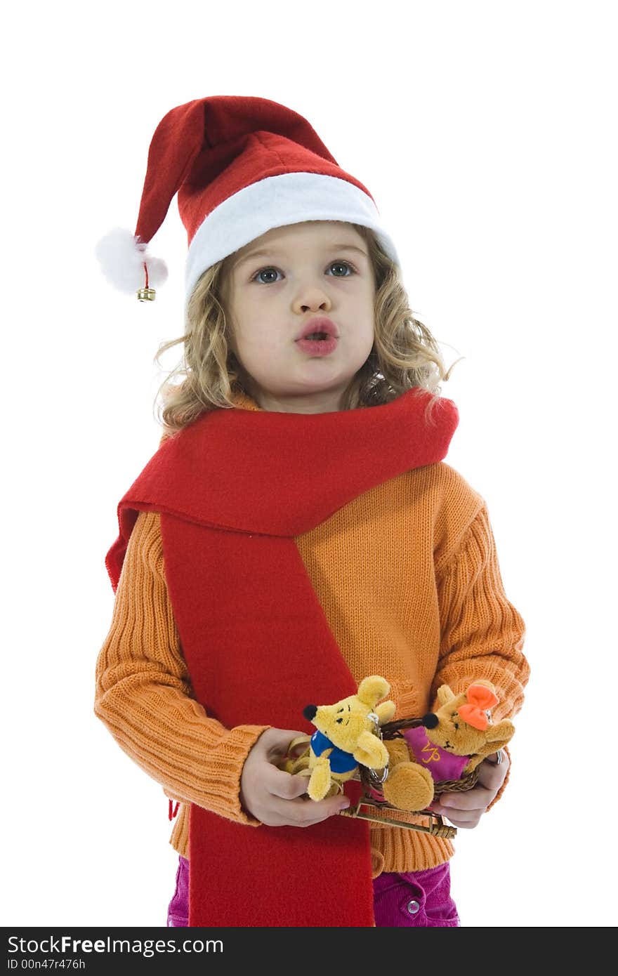 Beautiful little girl with mouse on isolated background