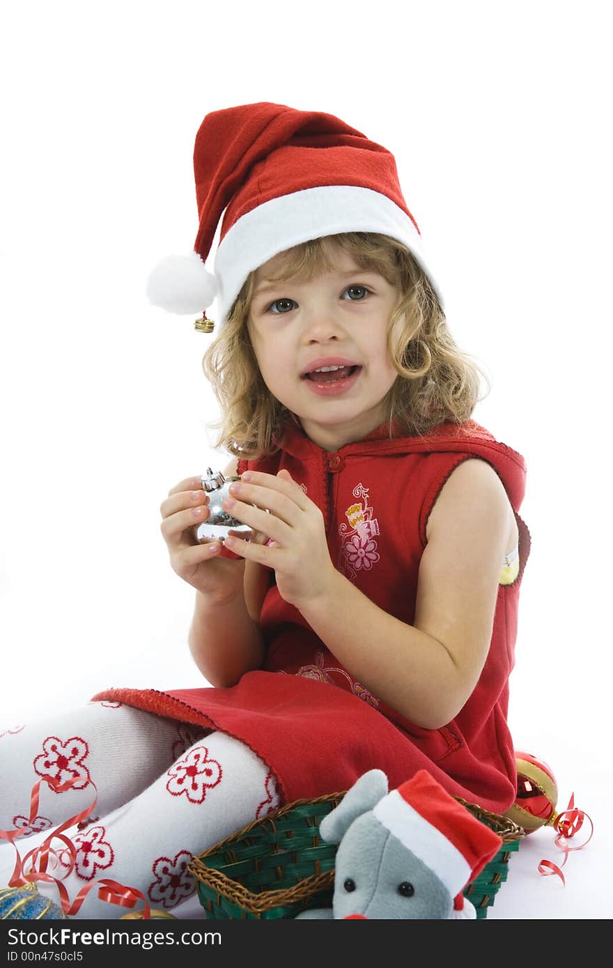 Beautiful little girl with christmas decoration on isolated background