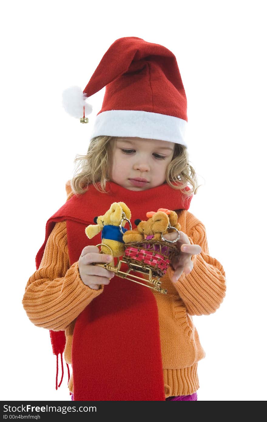 Beautiful little girl with mouse on isolated background