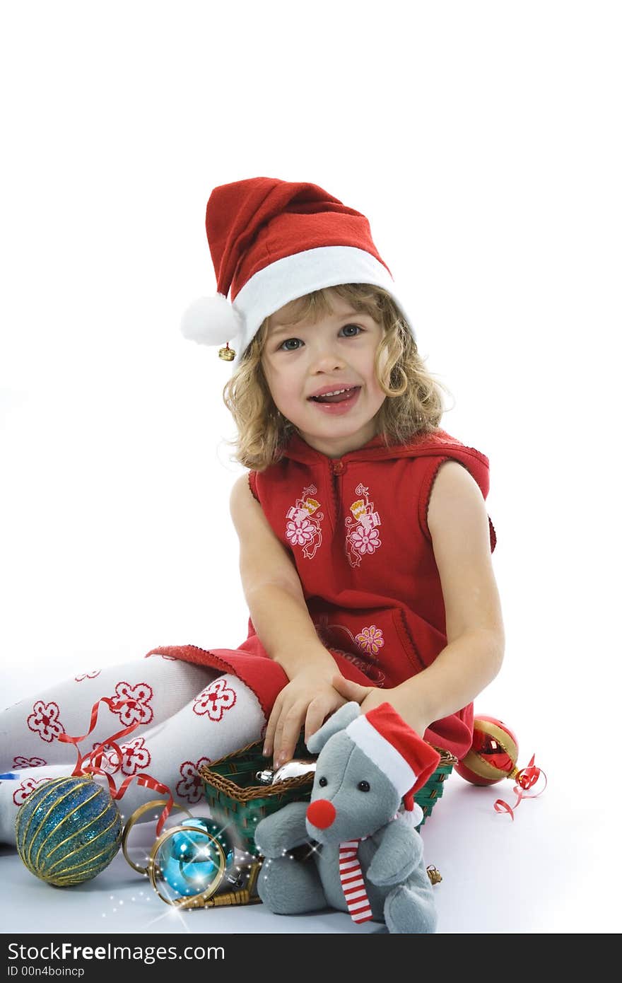 Beautiful little girl with christmas decoration on isolated background