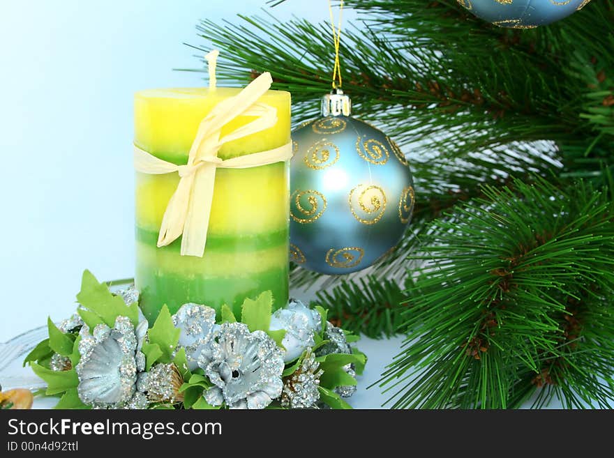 Christmas ornaments.Gray ball ,fir-tree,candle,flowers.