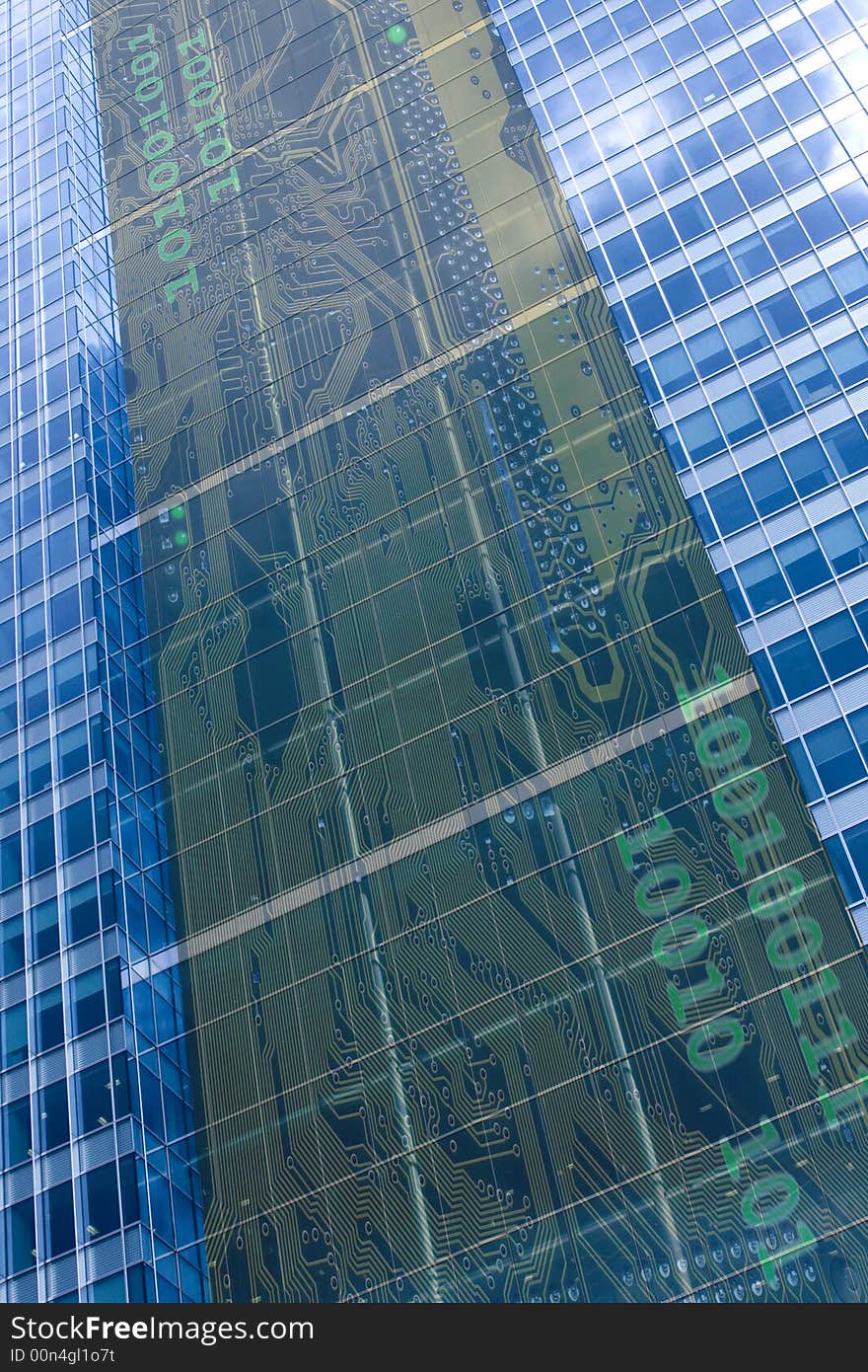 Glass office tower with electronic circuit visible behind glass and binary code