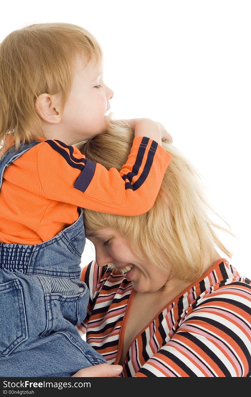 Happy family mother and baby over white background