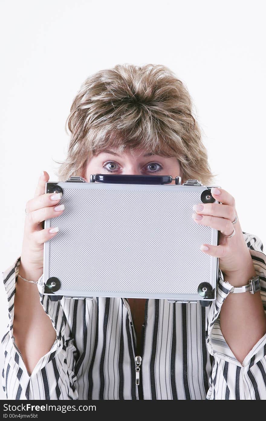 Woman holding metal case