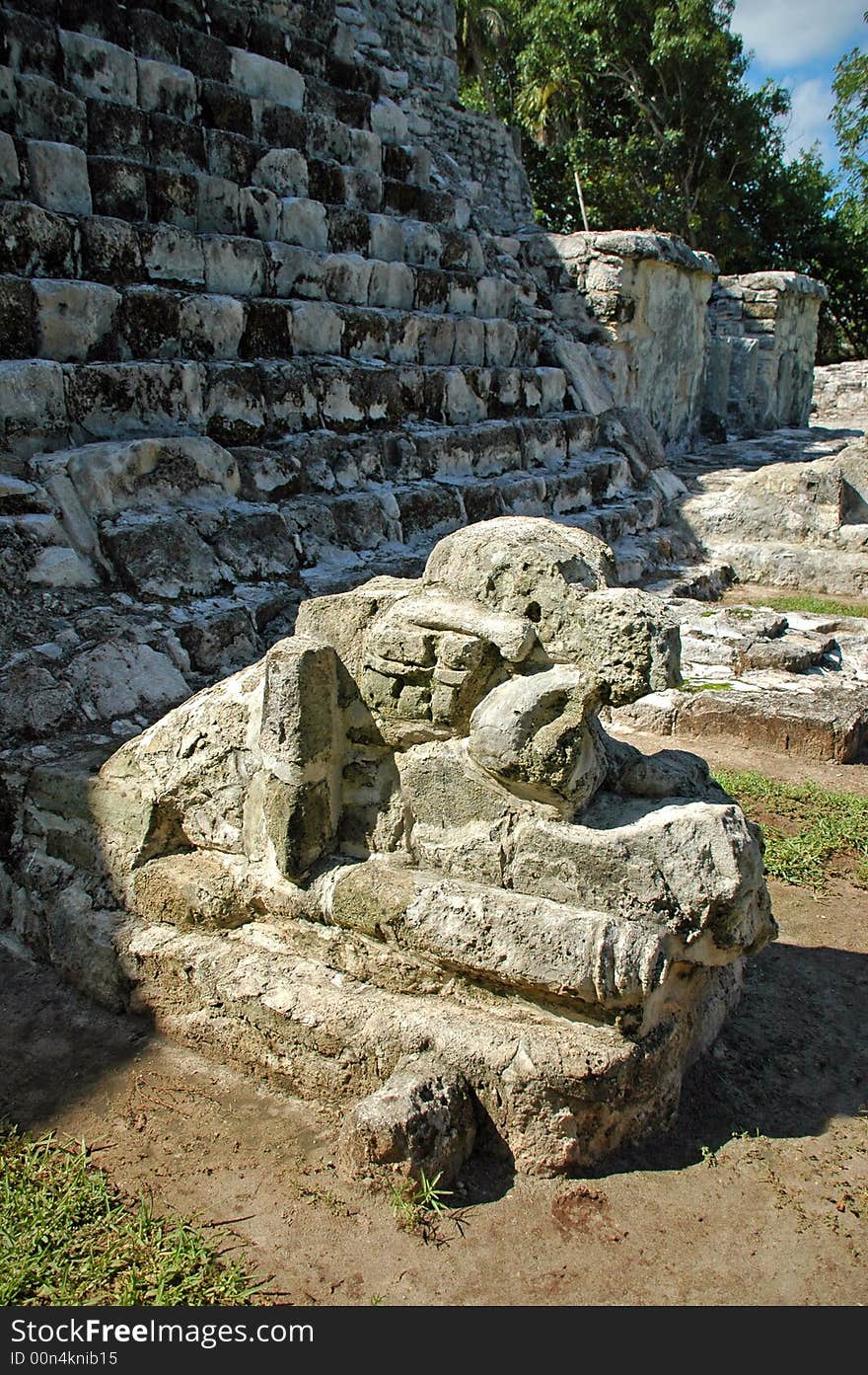 Jaguar Statue at Foot of Mayan Temple