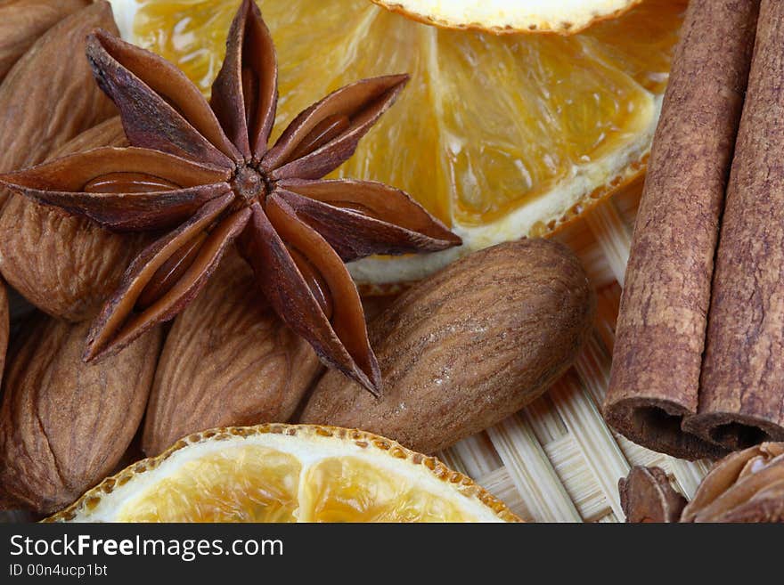 Anise, cinnamon, dried orange and almonds. Anise, cinnamon, dried orange and almonds