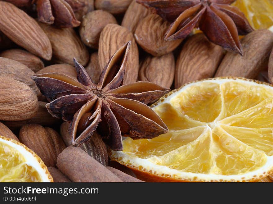 Anise, dried orange and almonds. Anise, dried orange and almonds