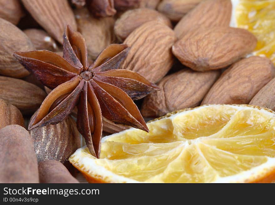 Almonds, anise and dried orange. Almonds, anise and dried orange