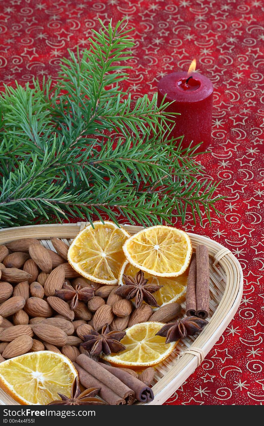 Christmas still life with almonds and spices