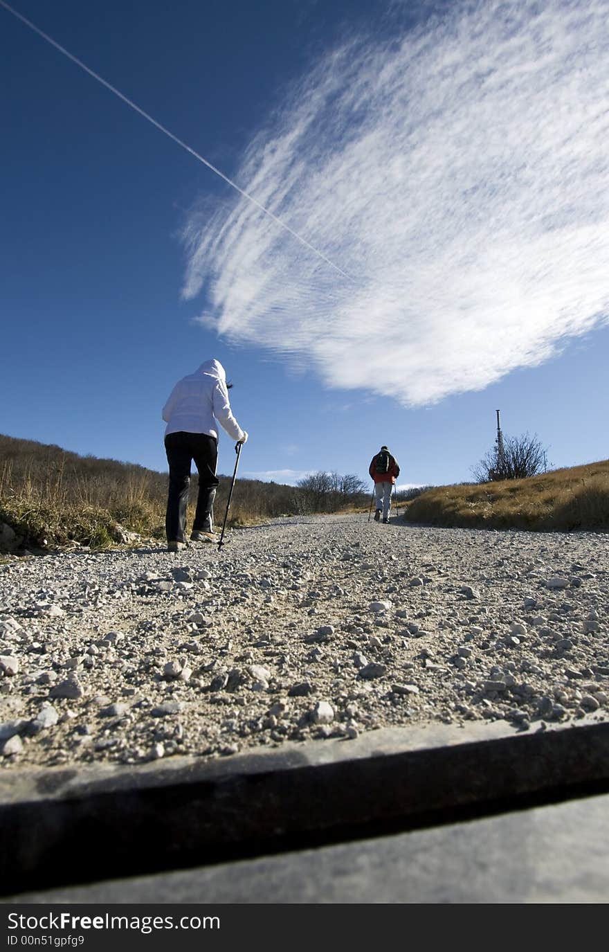 A couple hiking on a mountain